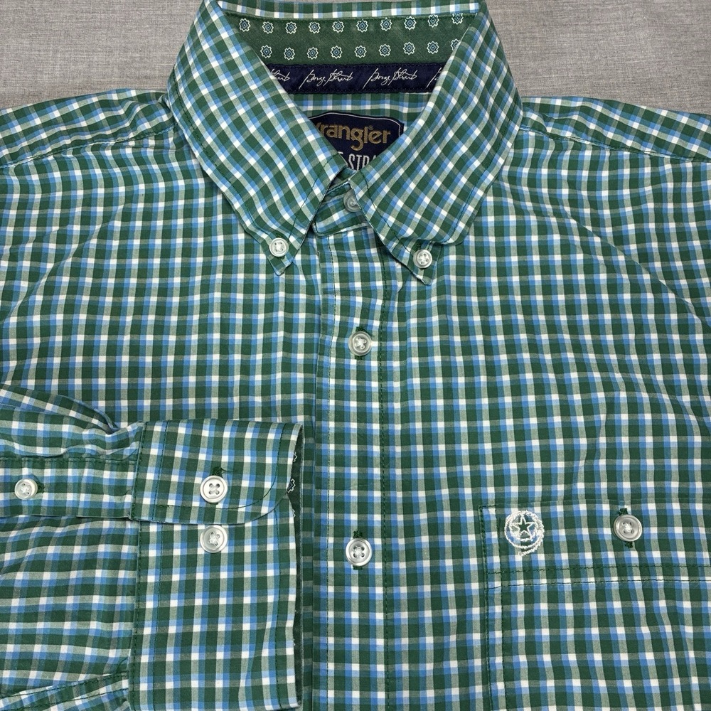 Wrangler George Strait Long Sleeve Men's Western Blue Green White Plaid Shirt